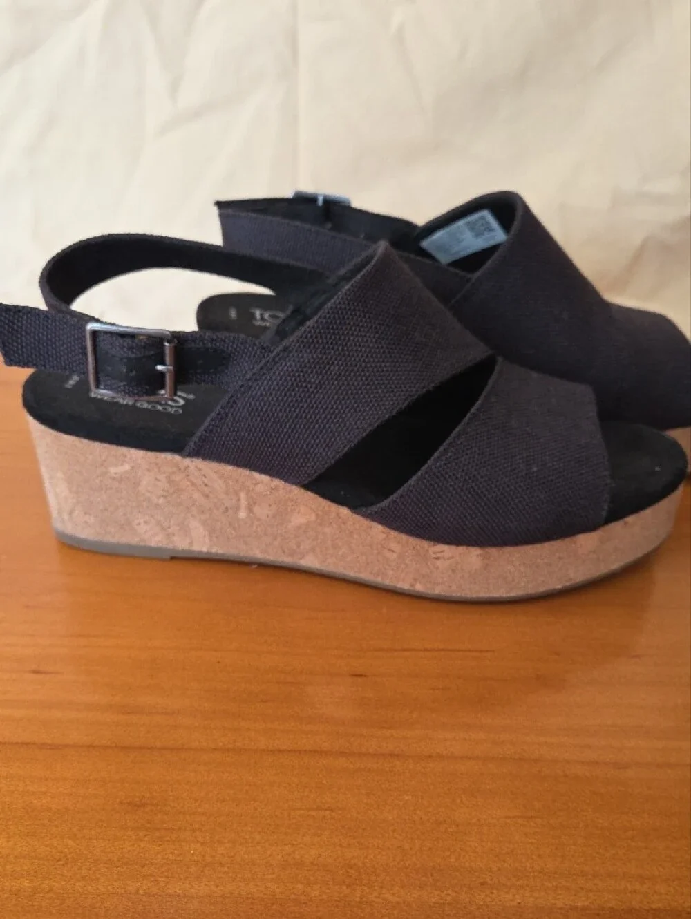 Toms Navy Crisscross Fabric Cork Wedges